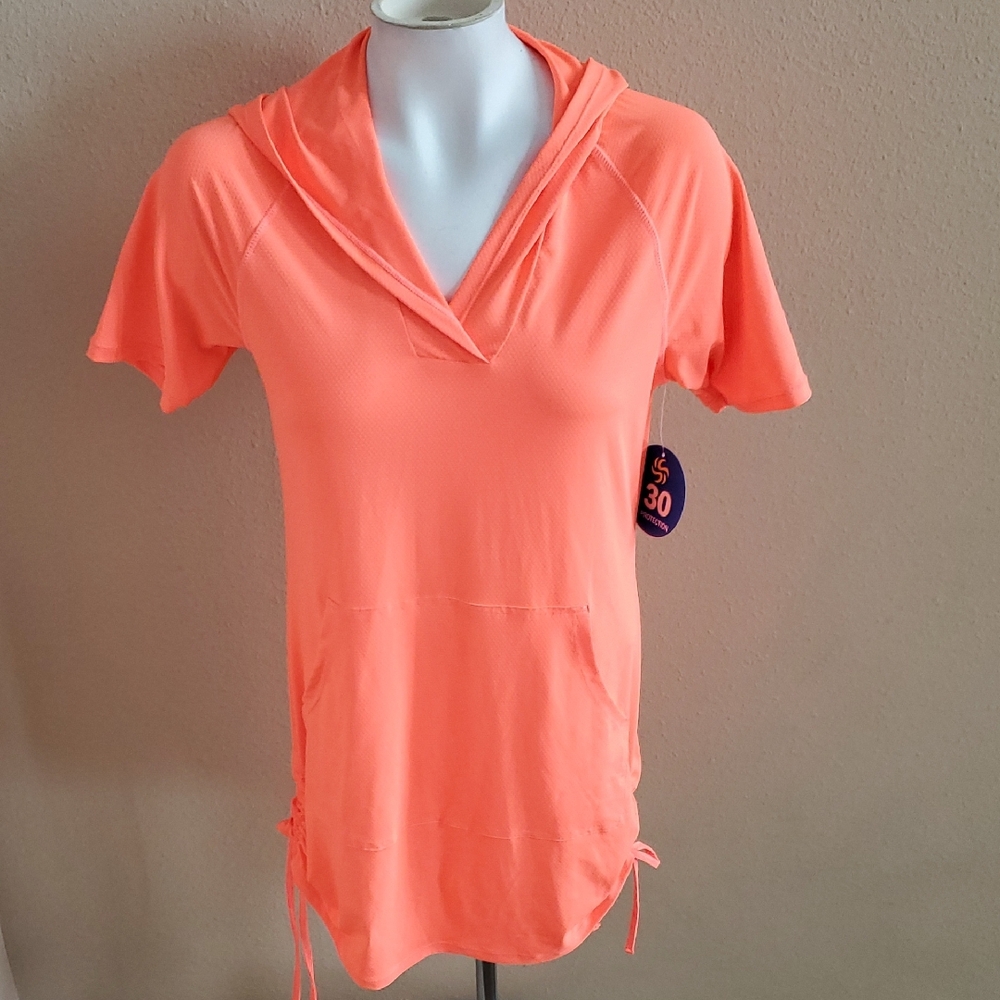 Women's Sol Borne Electric Orange Hooded Swim Coverup Size Small Pocket NWT